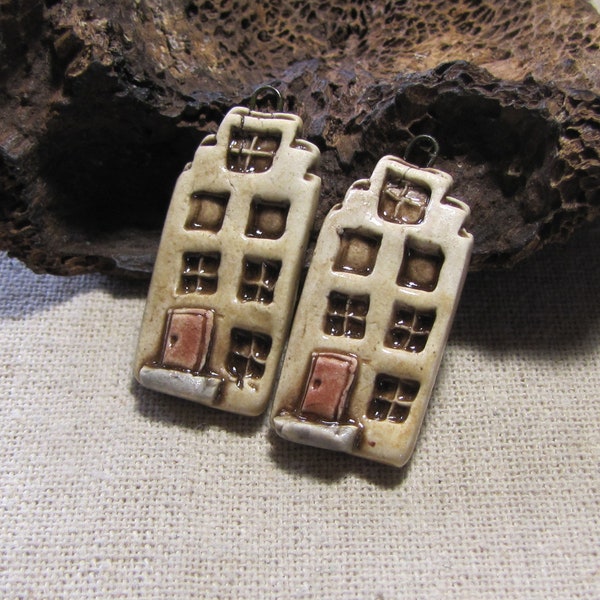 Your choice of 1 pair of artisanal ceramic charms, house of the world, building, boho jewelry creation, unique handmade