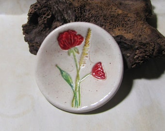 Mini coupelle vide poche fleur, céramique artisanale, range bijou, repose sachet de thé, marque place, coquelicot et blé ou myosotis