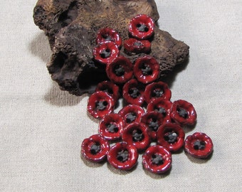 Botón de amapola, flor de cerámica artesanal, arcilla marrón, esmalte rojo, vendido individualmente, 18-19 mm, mercería de punto de costura