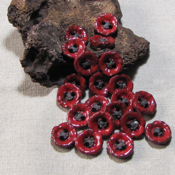 Bouton coquelicot, fleur en céramique artisanale, argile brune, émail rouge, vendu à l'unité, 18-19 mm, couture tricot crochet mercerie