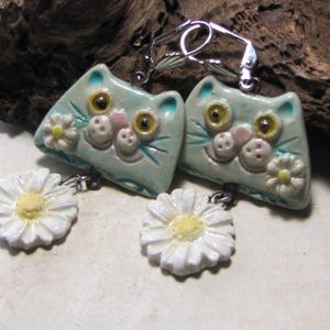 Handmade ceramic cat, spring, sleeper earrings, flowers, daisy, turquoise cat, handmade, unique
