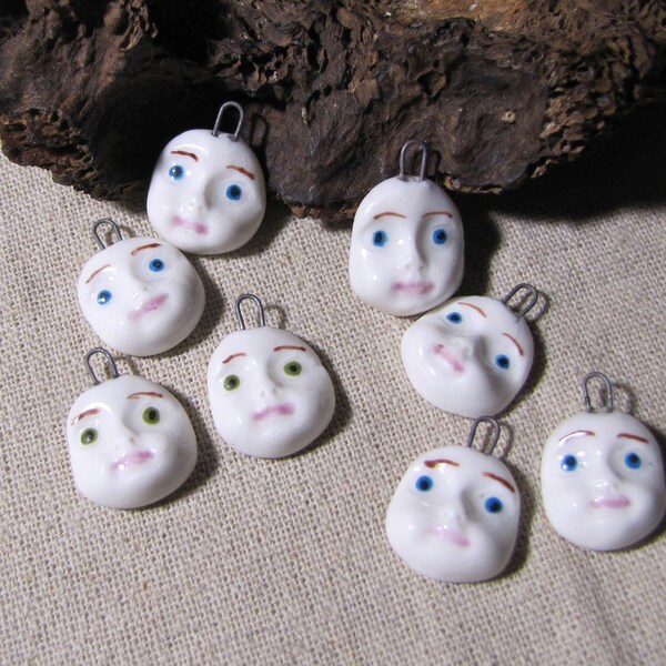 Mini faces in artisanal porcelain, choice of 1 pair of charms, hand painted face, doll, child, angel, cherub, ceramic baby