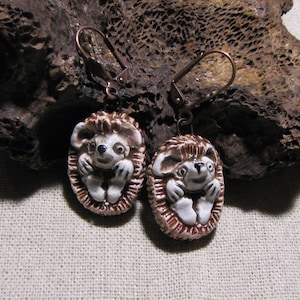 Baby hedgehog earrings, handcrafted ceramic, copper-plated sleeper earrings, unique handmade item, gift idea