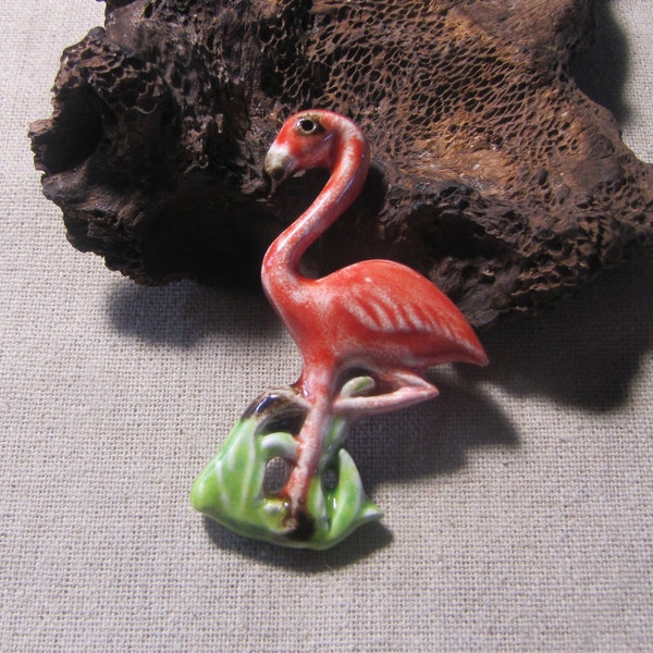 Cabochon flamant rose en céramique artisanale, oiseau exotique, fournitures pour création bijou collage décoration mosaïque rose corail vert