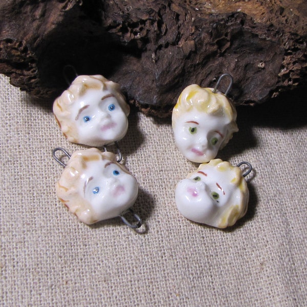 Enamelled porcelain face, connector or charm, child angel boy, for romantic creation, unique hand painted, ceramic