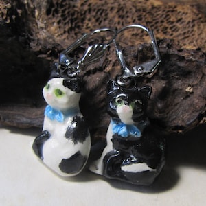 Black and white cat, asymmetrical handmade ceramic earrings, sleepers, blue necklace, unique handmade jewelry