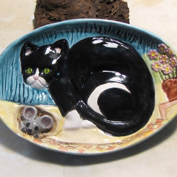 Coupelle vide poche chat noir et blanc en céramique artisanale ovale repose bijou unique, décoration, présentation chocolats, vaisselle