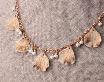 "Golden Petals" necklace, handcrafted from cold porcelain, unique piece