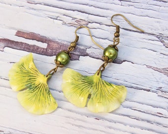 Ginko leaf earrings, modeled in cold porcelain