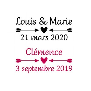 prénom(s) + date flèches mariage naissance baptême flex thermocollant transfert pour tissu couleur et dimension au choix
