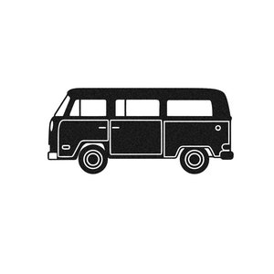 Peut inclure: Silhouette noire d'un van vintage sur fond blanc. Le van a une forme carrée avec de grandes fenêtres et des roues rondes. L'image comprend le texte "Flex Sandelisabeth" et un logo papillon.