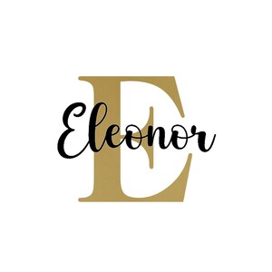 Monogram w formie litery + imię na ślub, wieczór panieński, chrzciny lub zawiadomienie o narodzinach dziecka, sprzedawany pojedynczo w folii do nadruku termotransferowego, w wybranym kolorze i rozmiarze.