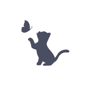 May include: A dark blue silhouette of a playful kitten reaching for a butterfly. The butterfly is also dark blue. The image is on a white background. The text "Flex Sandelisabeth" is in the bottom right corner.