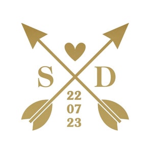 wedding love valentine&#39;s day arrow initials date flex iron-on applied textile transfer color and size of your choice
