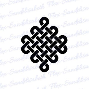 May include: A black graphic design featuring an intricate, symmetrical endless knot pattern with rounded loops. The design is centered on a white background, with the text Flex Sandelisabeth and a butterfly icon located in the bottom right corner.