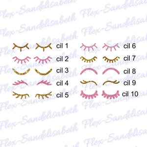 Kawaii glitter eyelashes, very sparkly, heat-transferable flex for fabric, shape, color and size of your choice