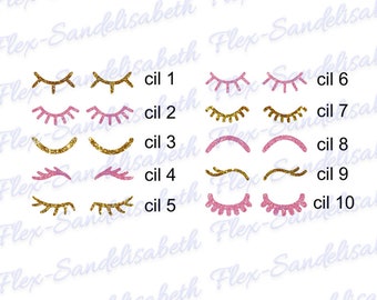 Kawaii glitter eyelashes, very sparkly, heat-transferable flex for fabric, shape, color and size of your choice