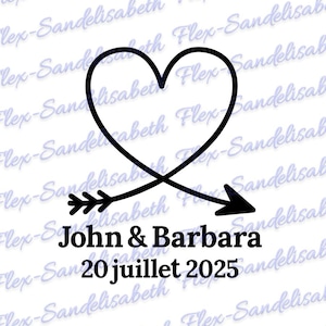 Corazón, amor, flecha, boda, bohemio, nombres, fecha, aplique, transferencia textil flexible por calor, color y tamaño a su elección