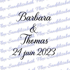 wedding first names date applied flex iron-on textile transfer color and size of your choice