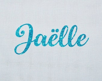 personalized first name glitter very glittery flex iron-on dimensions colors and writings of your choice