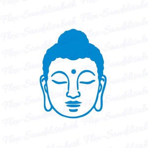 Può includere: Un disegno a tratto blu di una testa di Buddha su sfondo bianco. L'immagine raffigura un volto sereno con gli occhi chiusi, un piccolo punto sulla fronte e un nodo. Design semplice, adatto a temi spirituali.