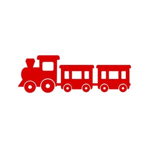 Può includere: Illustrazione rossa di un trenino giocattolo, composto da una locomotiva e due vagoni, su sfondo bianco. L'immagine include anche il testo "Flex Sandelisabeth" con una grafica a farfalla, in uno stile semplice e illustrativo.