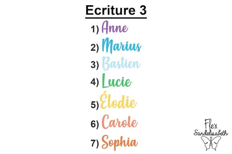 May include: A list titled Ecriture 3 featuring seven names in cursive font: 1) Anne in purple, 2) Marius in blue, 3) Bastien in light blue, 4) Lucie in green, 5) &Eacute;lodie in yellow, 6) Carole in coral, and 7) Sophia in orange, with a butterfly logo.