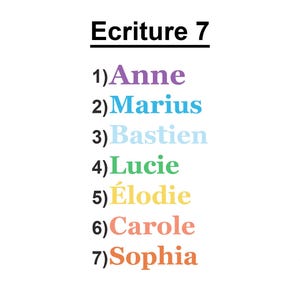 May include: A list titled Ecriture 7 featuring seven numbered names in different colors: 1) Anne in purple, 2) Marius in blue, 3) Bastien in light blue, 4) Lucie in green, 5) &Eacute;lodie in yellow, 6) Carole in pink, and 7) Sophia in orange, with a butterfly logo.