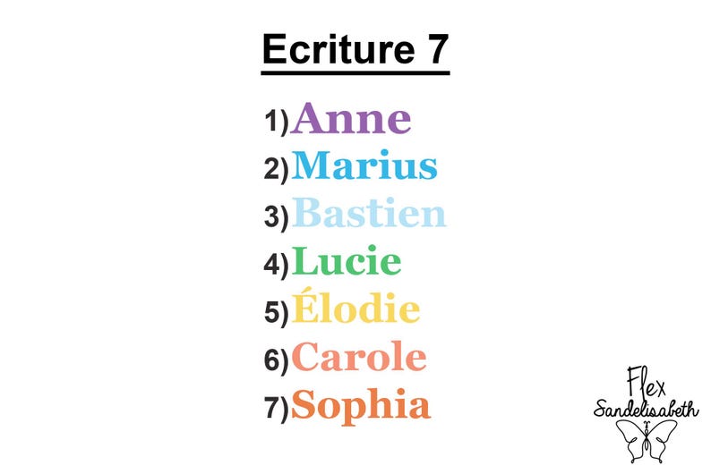 May include: A list titled Ecriture 7 featuring seven numbered names in different colors: 1) Anne in purple, 2) Marius in blue, 3) Bastien in light blue, 4) Lucie in green, 5) &Eacute;lodie in yellow, 6) Carole in pink, and 7) Sophia in orange, with a butterfly logo.