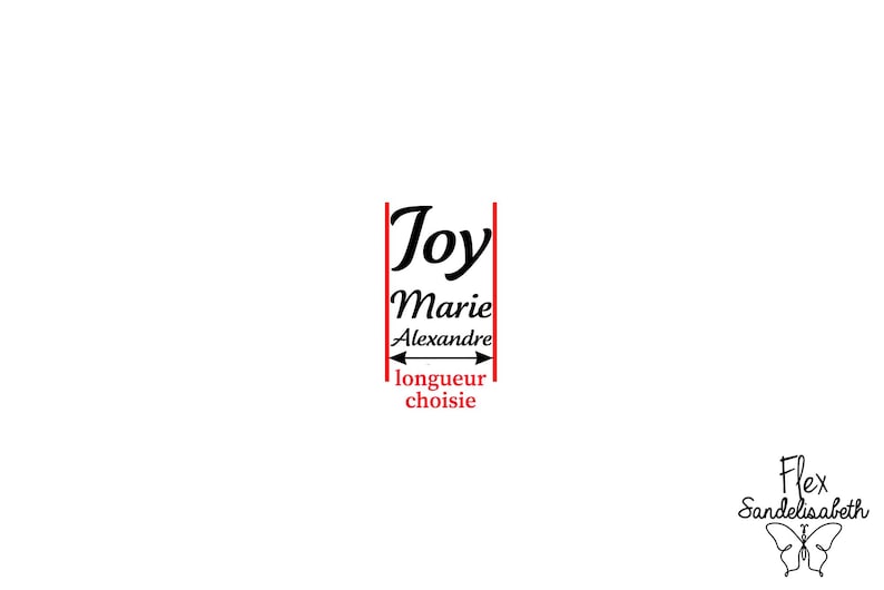 Puede incluir: Una l&iacute;nea roja con el texto "Joy Marie Alexandre" y las palabras "longueur choisie" debajo. El texto est&aacute; en fuente cursiva negra.