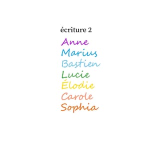 May include: A list of names written in a cursive font, including Anne in purple, Marius in blue, Bastien in light blue, Lucie in green, &Eacute;lodie in yellow, Carole in pink, and Sophia in orange, with the text &eacute;criture 2 and Flex Sandelisabeth.