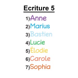 May include: A list titled Ecriture 5 featuring seven numbered names in different colors: 1) Anne in purple, 2) Marius in blue, 3) Bastien in light blue, 4) Lucie in green, 5) &Eacute;lodie in yellow, 6) Carole in pink, and 7) Sophia in orange, with a butterfly logo.