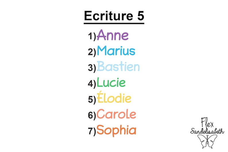 May include: A list titled Ecriture 5 featuring seven numbered names in different colors: 1) Anne in purple, 2) Marius in blue, 3) Bastien in light blue, 4) Lucie in green, 5) &Eacute;lodie in yellow, 6) Carole in pink, and 7) Sophia in orange, with a butterfly logo.
