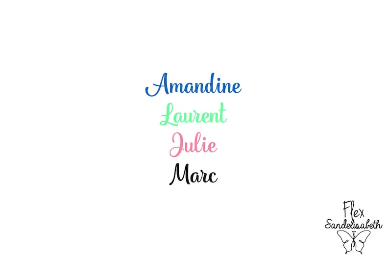 May include: A white background with four names written in different colors:  Amandine in blue, Laurent in green, Julie in pink, and Marc in black.