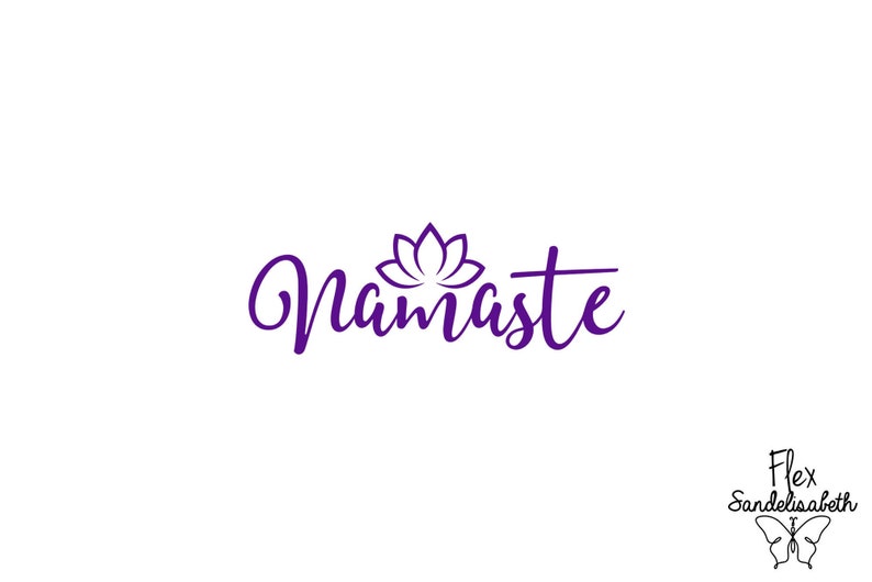 Peut inclure: Texte en cursive violet qui dit "Namaste" avec une fleur de lotus stylisée au-dessus du mot.