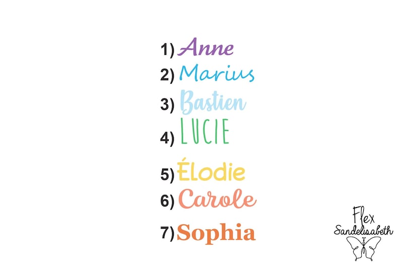 May include: A list of seven names numbered one through seven, each in a different color: purple Anne, blue Marius, light blue Bastien, green LUCIE, yellow &Eacute;lodie, coral Carole, and orange Sophia. The text Flex Sandelisabeth with a butterfly icon.