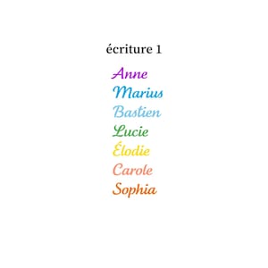 May include: A list of names in a cursive font titled &eacute;criture 1, featuring Anne in purple, Marius in blue, Bastien in light blue, Lucie in green, &Eacute;lodie in yellow, Carole in peach, and Sophia in orange, with a butterfly logo below.