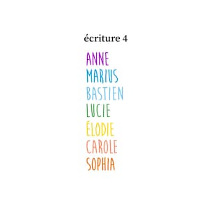 May include: A vertical list of names including ANNE, MARIUS, BASTIEN, LUCIE, &Eacute;LODIE, CAROLE, and SOPHIA in various colors, with the text "&eacute;criture 4" at the top and "Flex Sandelisabeth" with a butterfly icon at the bottom right corner.
