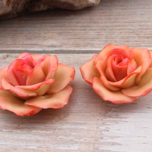 Fleurs, 2 Roses corail , modelées à la main en porcelaine froide image 4