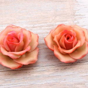 Fleurs, 2 Roses corail , modelées à la main en porcelaine froide image 1