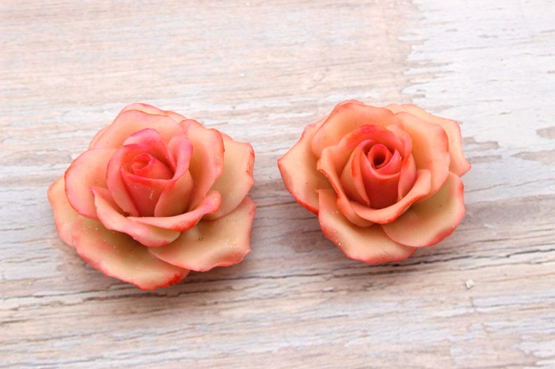 Fleurs, 2 Roses corail , modelées à la main en porcelaine froide image 1