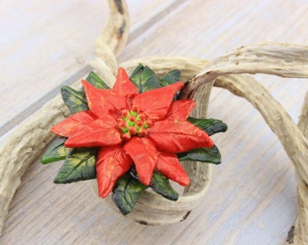 Fleur de Poinsettia rouge et verte, modelée à la main en porcelaine froide, lot 4