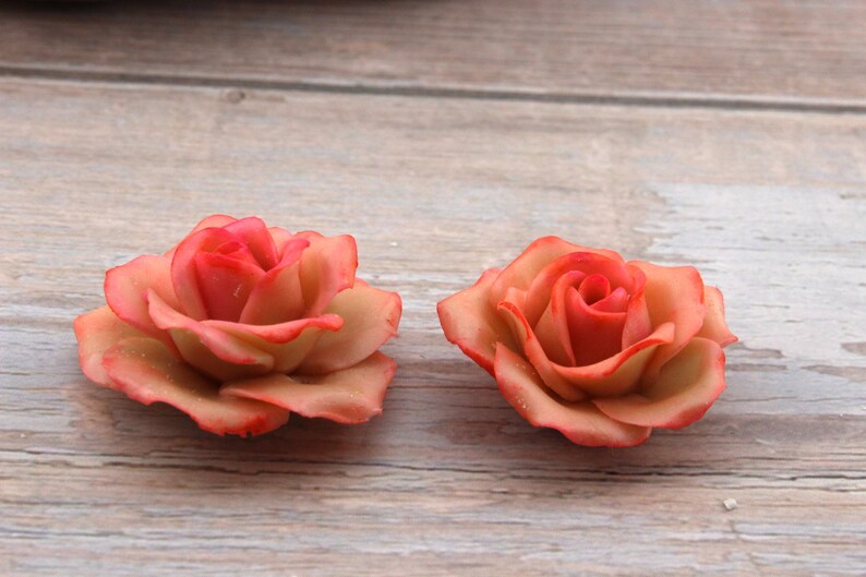 Fleurs, 2 Roses corail , modelées à la main en porcelaine froide image 3