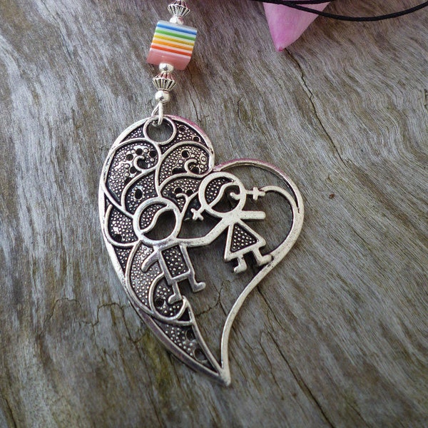 Collier coeur pendentif filigrané en métal argenté Tibétain perle arc en ciel fête des meres