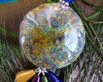 Collier perle lentille verre filé artisanal multicolore aux couleurs du paon
