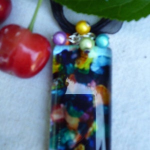 Rectangle pendant necklace glass painting multicolor and magic pearls image 3