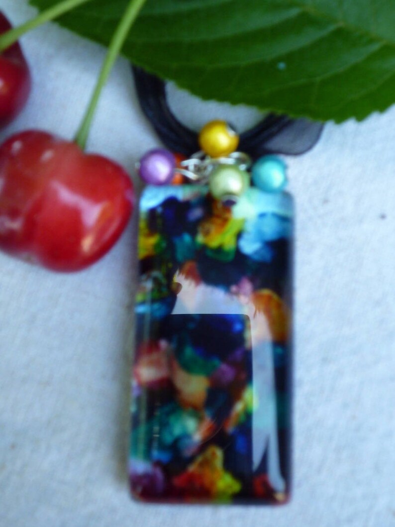 Rectangle pendant necklace glass painting multicolor and magic pearls image 3