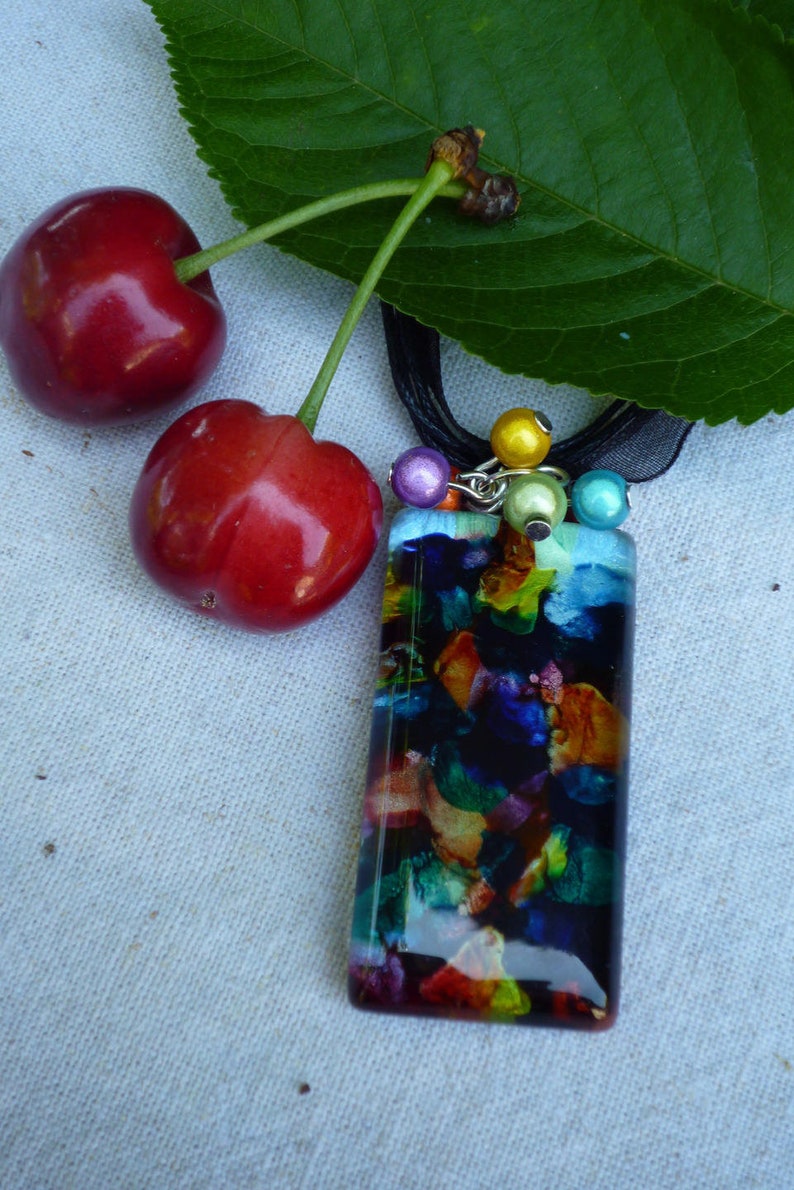 Rectangle pendant necklace glass painting multicolor and magic pearls image 1
