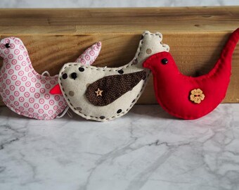 3 fabric birds for hanging, window decoration, gift tag