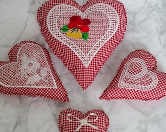 Set of 4, embroidered fabric hearts, decoration